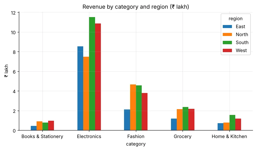 Grouped bar chart of revenue by category and region