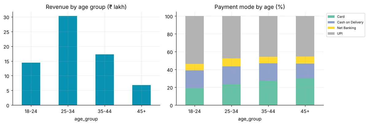Revenue by age group and payment mode share by age group