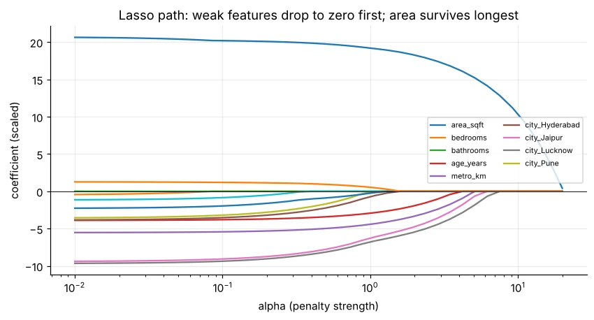 Lasso coefficient paths shrinking to zero as alpha increases