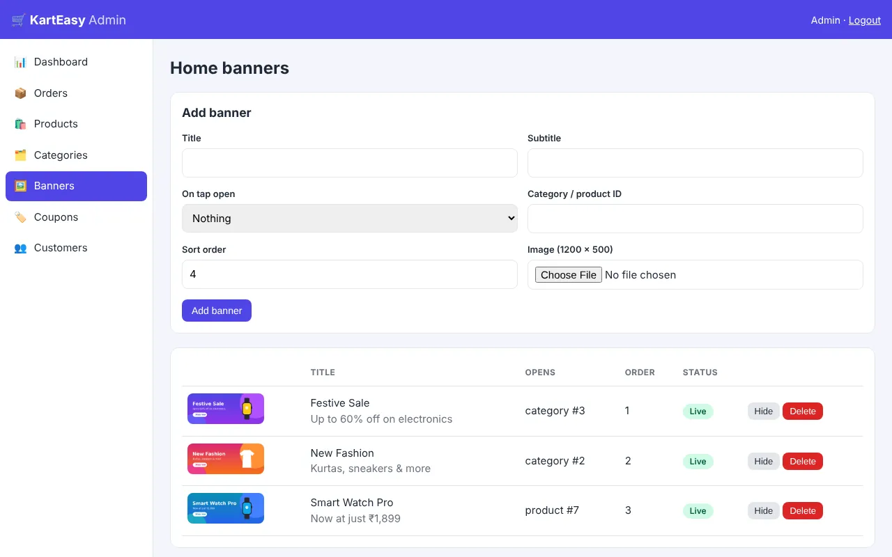 Admin banners page