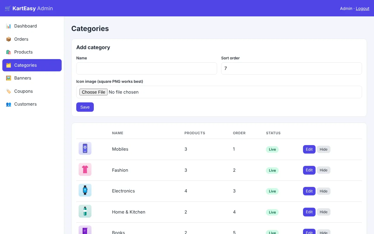 Admin categories page