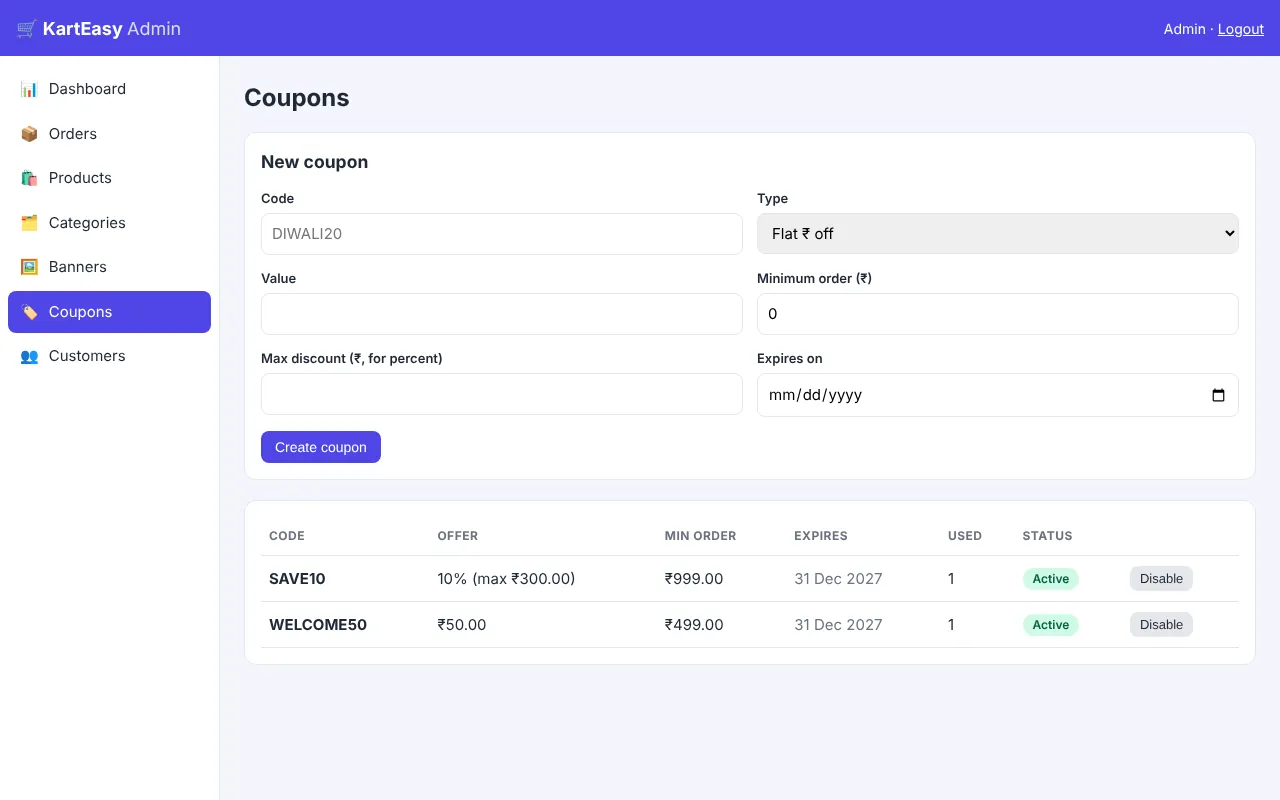 Admin coupons page