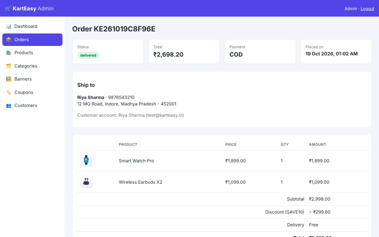 Admin order detail with items and price breakdown