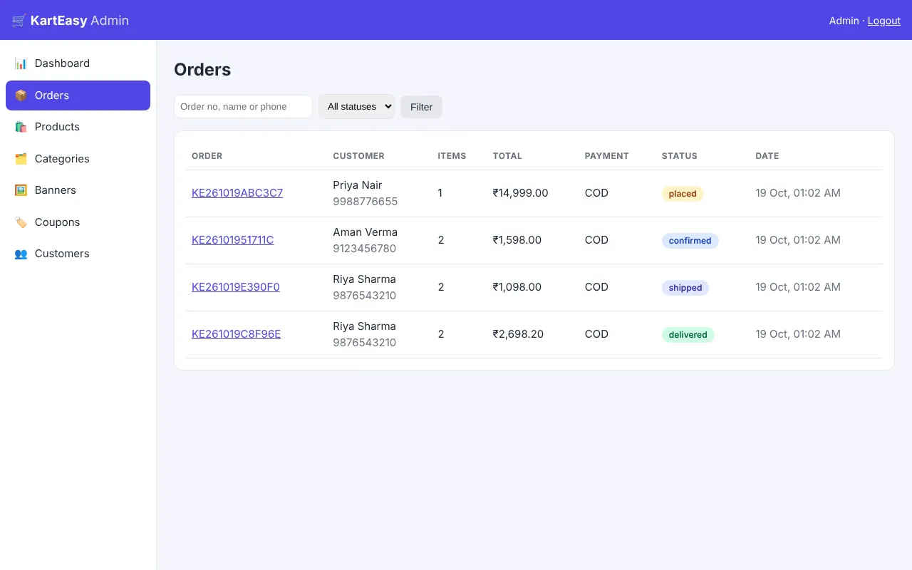 Admin orders list with status badges