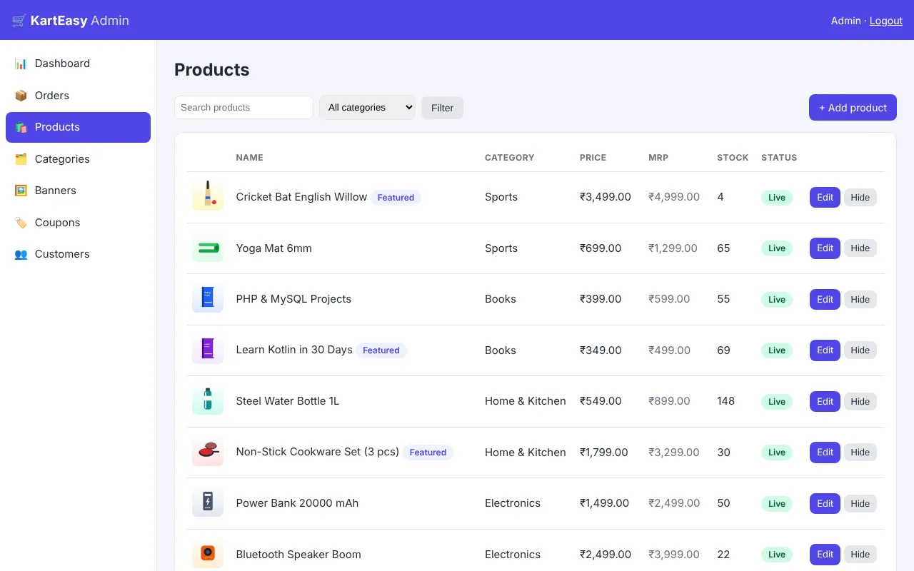 Admin product list with images, price, stock and status