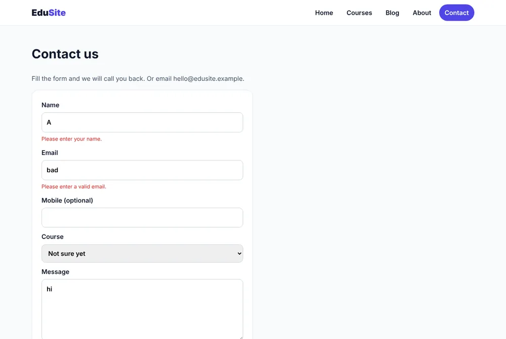 Server-side validation errors shown under each field